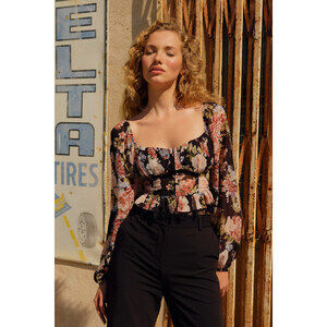 Lulus Blissful Vibes Black Floral Balloon Sleeve Bustier Top - Size M